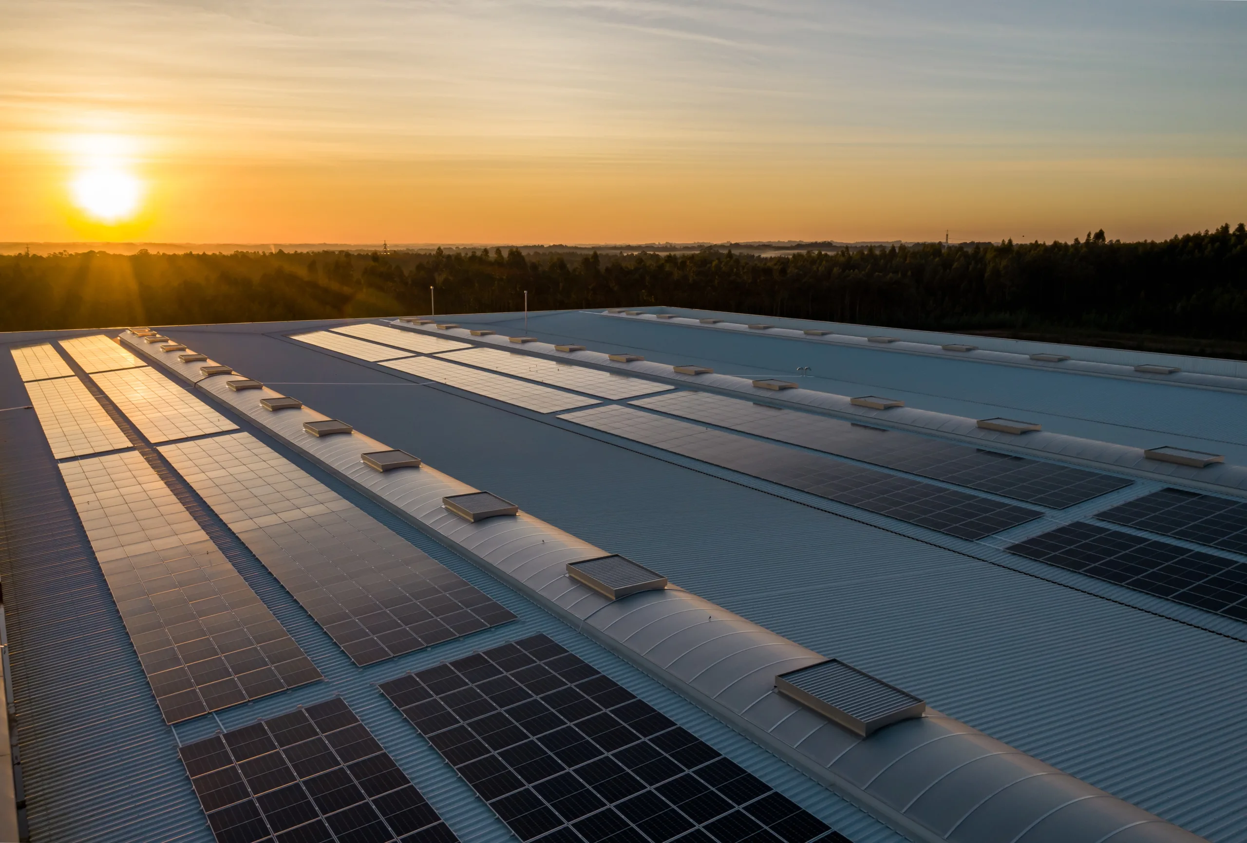 Rooftop solar photovoltaic panels at sunset